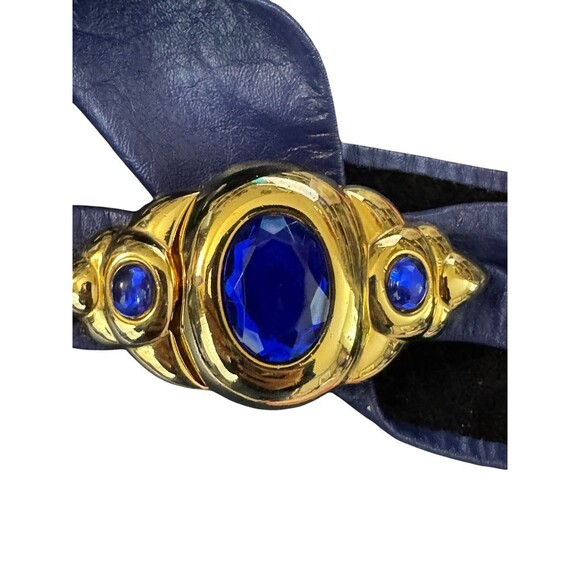 Vintage 80\'s Cobalt blue leather statement Belt with Gold Blue cabochon buckle main image 5